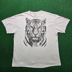 DOM Tshirt Mens 2XL White Short Sleeve Tiger‎ Head Graphic Blue Eyes Casual